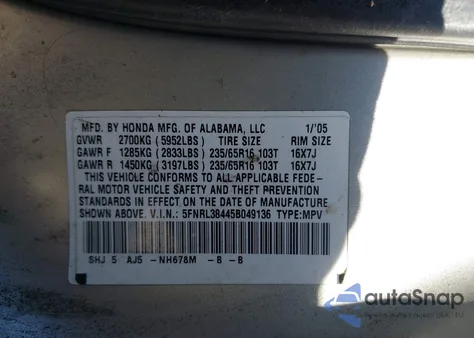 2005 Honda Odyssey Ex z USA, uszkodzony, nr VIN 5FNRL38445B049136